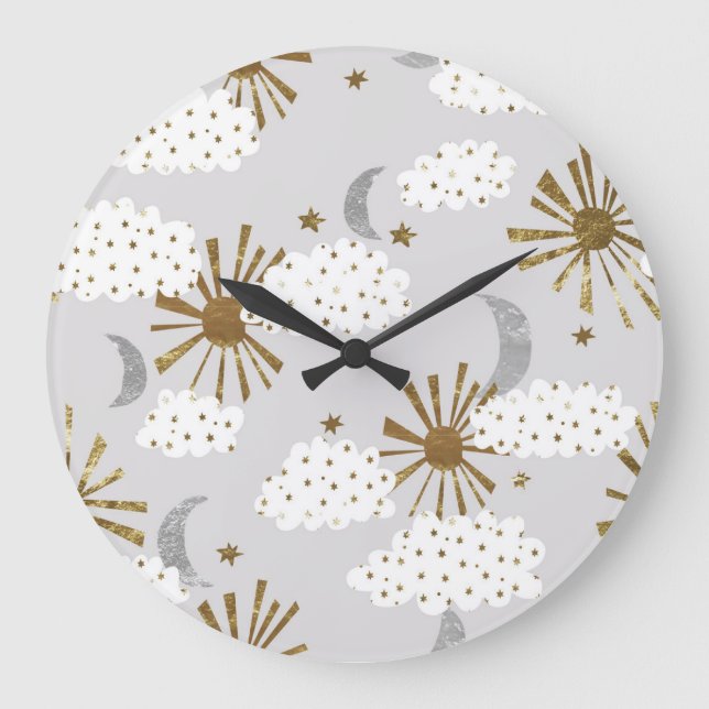 Clouds, sun, and moon, minimalistic pattern. large clock (Front)