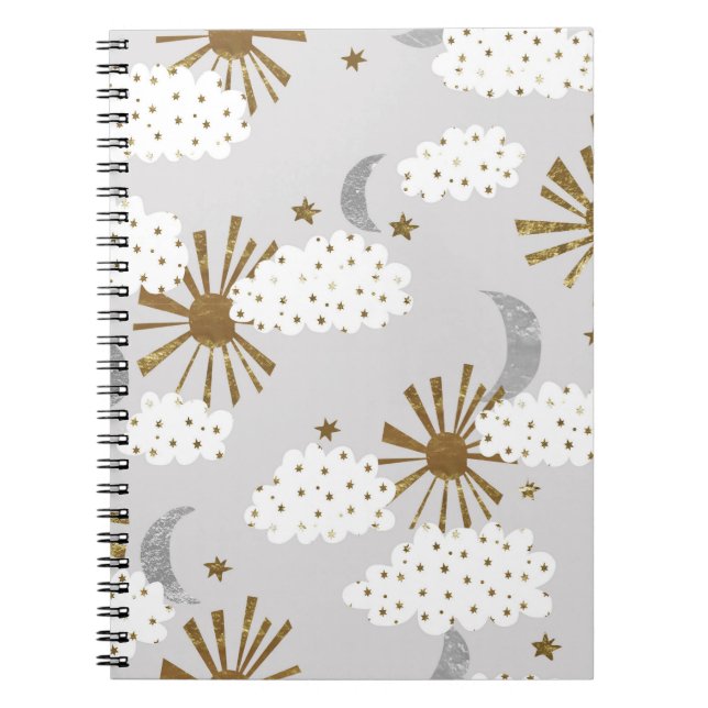 Clouds, sun, and moon, minimalistic pattern. notebook (Front)
