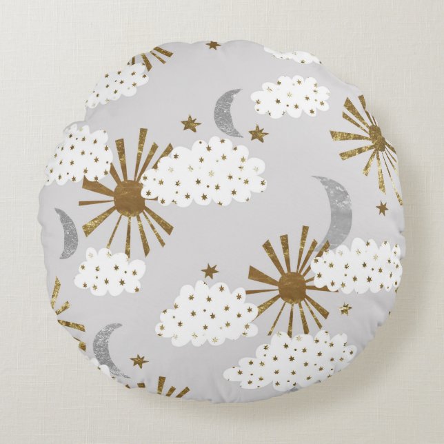 Clouds, sun, and moon, minimalistic pattern. round cushion (Front)