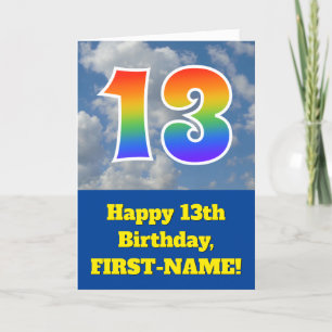 Cloudy Blue Sky, Rainbow Pattern "13" Birthday # Card