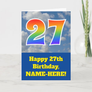 Cloudy Blue Sky, Rainbow Pattern "27" Birthday # Card