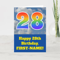 Cloudy Blue Sky, Rainbow Pattern "28" Birthday #