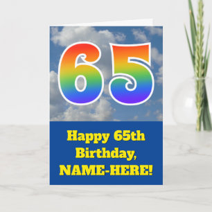 Cloudy Blue Sky, Rainbow Pattern "65" Birthday # Card
