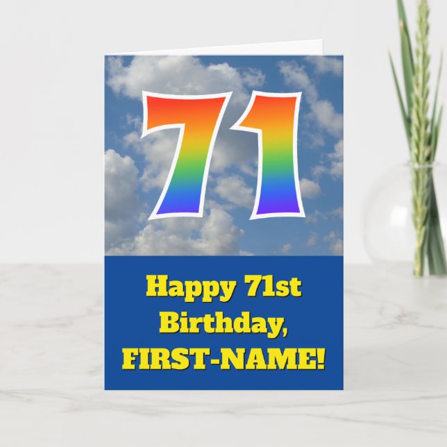 Cloudy Blue Sky, Rainbow Pattern "71" Birthday # Card (Front)