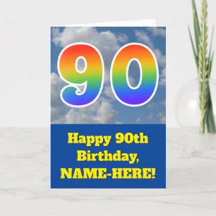 Cloudy Blue Sky, Rainbow Pattern "90" Birthday # Card