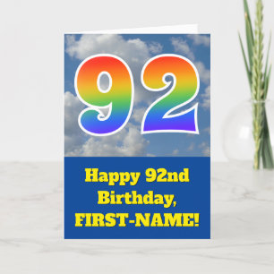 Cloudy Blue Sky, Rainbow Pattern "92" Birthday # Card