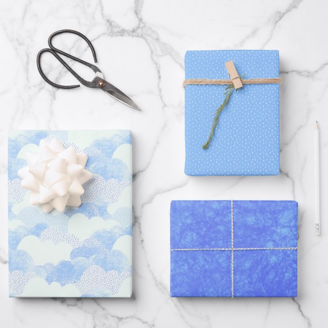 Cloudy Blue Textured Skies Wrapping Paper Sheet (Front)