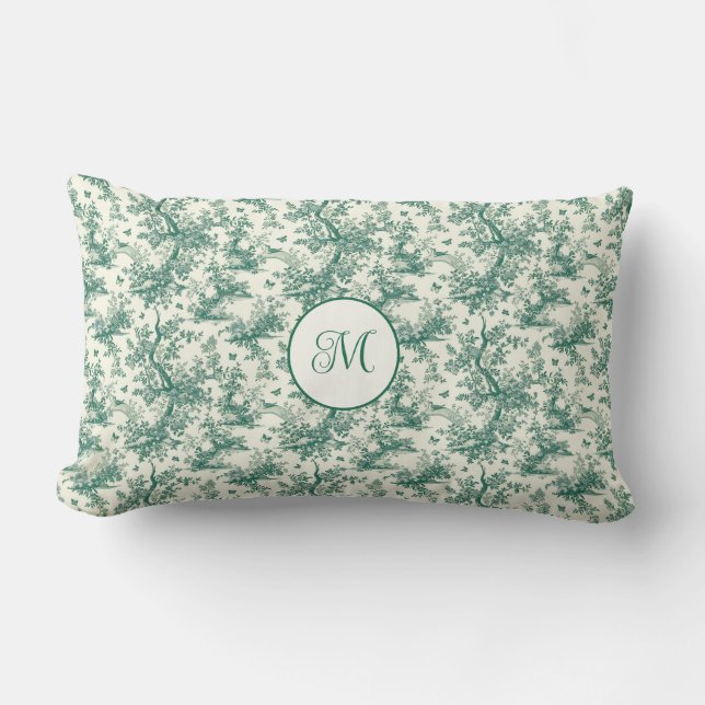 Cloudy Green Garden Butterfly French Toile Lumbar Cushion (Front)