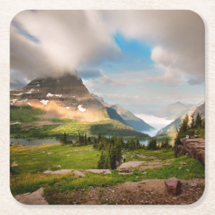 Cloudy Mountains   Alpine Lake Square Paper Coaster