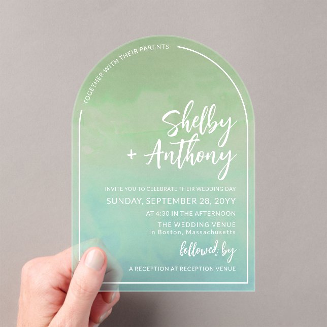 Cloudy Seafoam Green Arch Frame Wedding Acrylic Invitations (Insitu (Handheld))