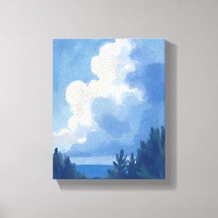 Cloudy Skies Blue Forest Watercolor Painting Canvas Print