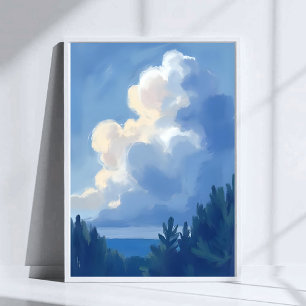 Cloudy Skies   Blue Forest Watercolor Painting Poster