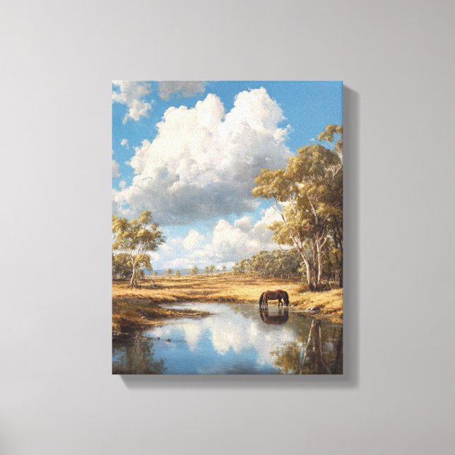 Cloudy Sky Horse Pond Reflection Art Canvas Print (Front)