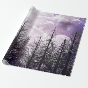 Cloudy Winter Purple Pine Forest Wrapping Paper