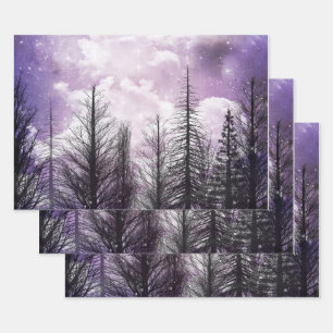 Cloudy Winter Purple Pine Forest Wrapping Paper Sheet