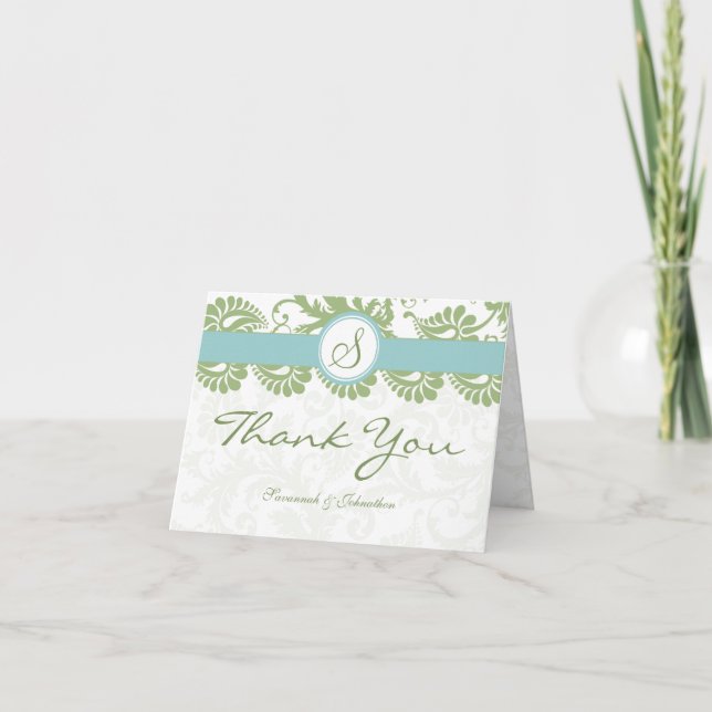 Clover and Aqua Damask Thank You Cards (Front)