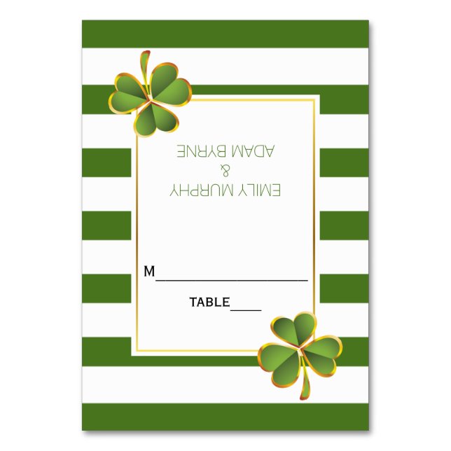 Clover and green stripes Irish wedding escort card (Front)