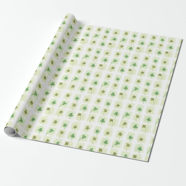 Clover and Shamrocks Watercolor Patchwork Pattern Wrapping Paper (Unrolled)