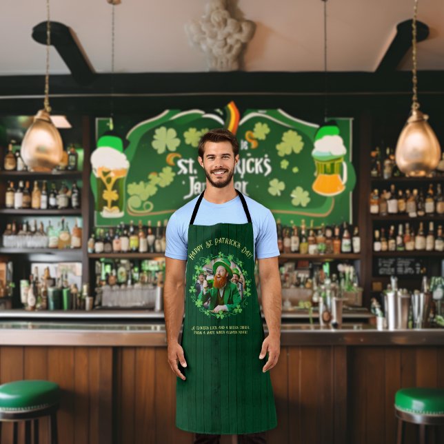 Clover & Beer Companionship Apron (A man wearing a "Clover & Beer Companionship Apron" stands at the bar. )
