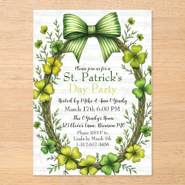 Clover & Bow St. Patrick’s Day Party Design Acrylic Invitations (Front)