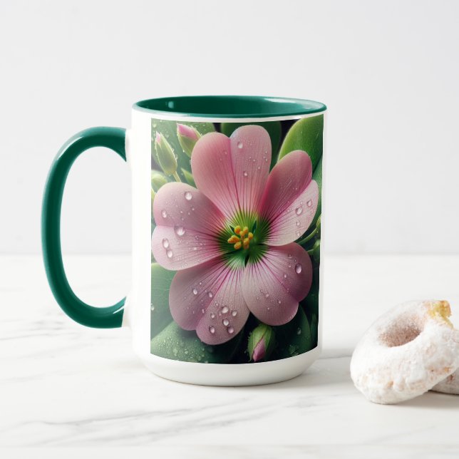 Clover Floral Pink and Green Oxalis Mug (With Donut)