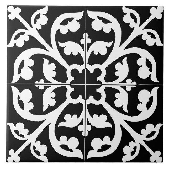 Clover Flower Floral Abstract Black & White Tile (Front)