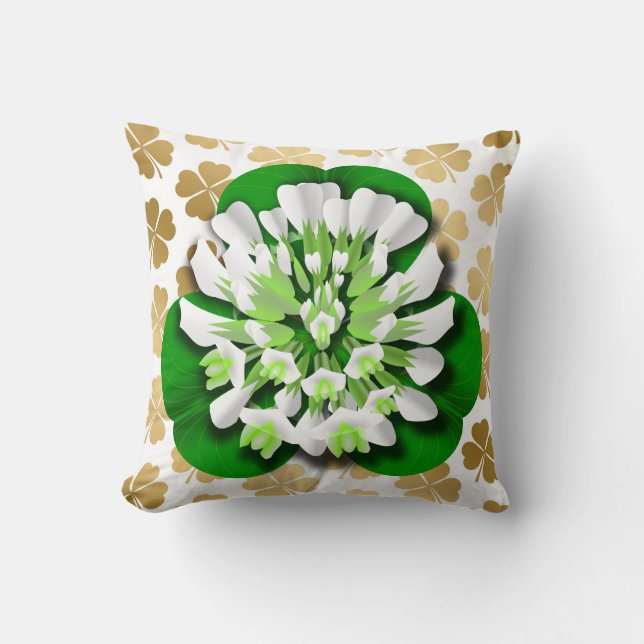 Clover Flower & Gold Shamrocks Cushion (Front)