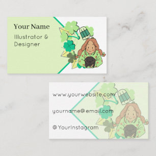 Clover Girl & Cute Black Pug Dog Art Business Card