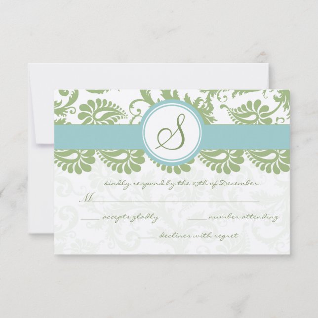 Clover Green and Aqua Damask Wedding RSVP (Back)