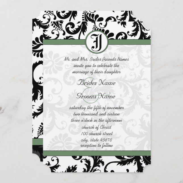 Clover Green Damask Swirls Wedding Invitation (Front/Back)