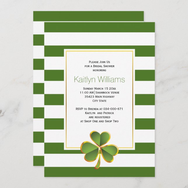 Clover, green stripes Irish wedding bridal shower Invitation (Front/Back)