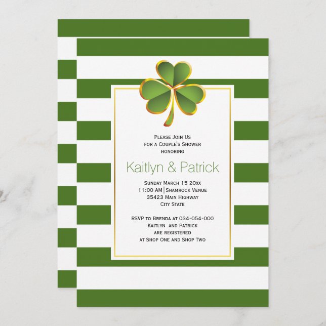 Clover, green stripes Irish wedding couples shower Invitation (Front/Back)
