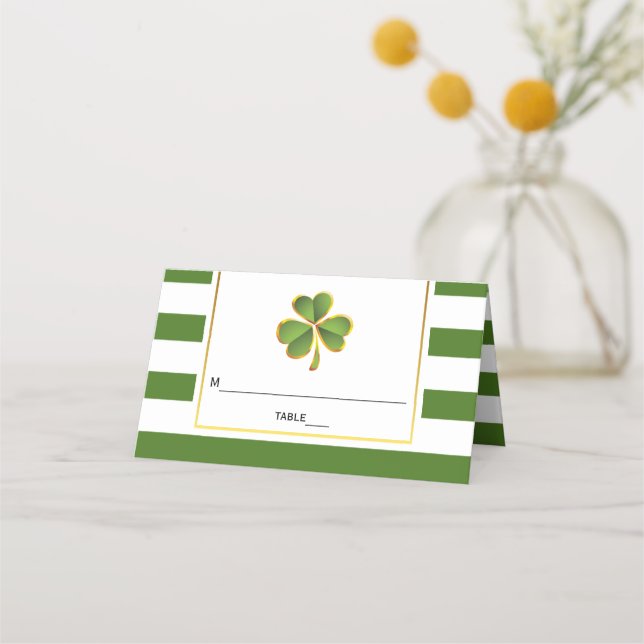 Clover, green stripes Irish wedding folded escort Place Card (Front)