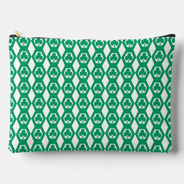 Clover Green White Hexagon Pattern Large Accessory Pouch (Front)