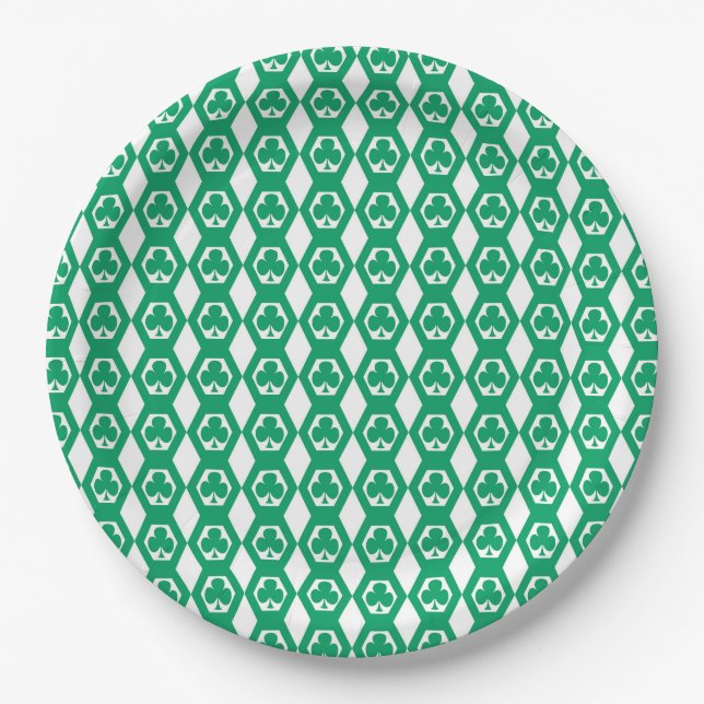 Clover Green White Hexagon Pattern Paper Plate (Front)