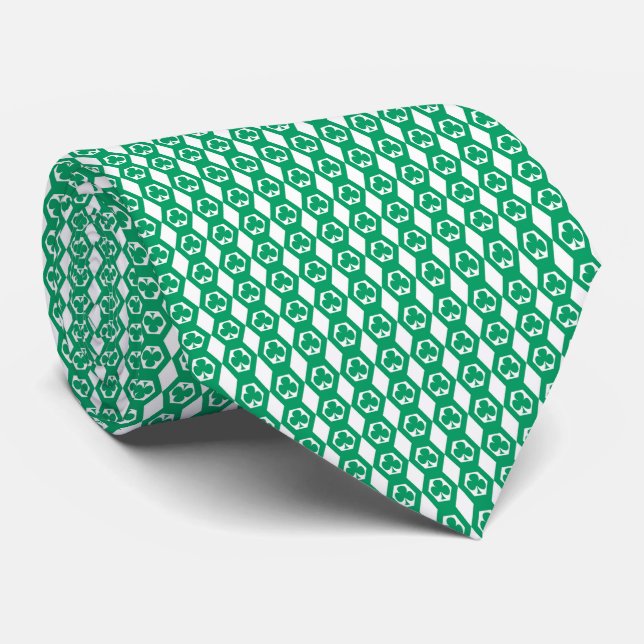 Clover Green White Hexagon Pattern Tie (Rolled)