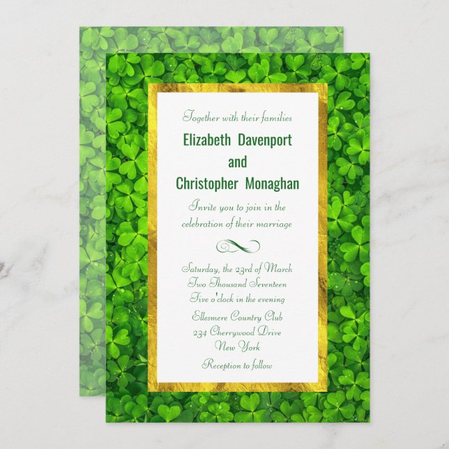 Clover Leaf Field with FAUX Gold Foil Frame Invitation (Front/Back)
