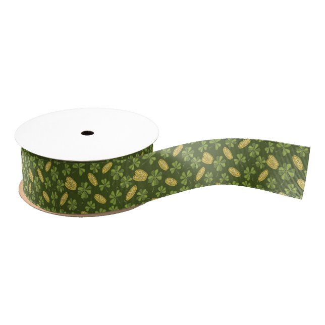 Clover Leaf & Gold Coin Pattern Grosgrain Ribbon (Spool)