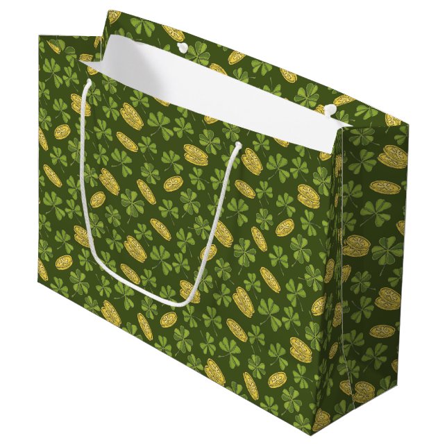 Clover Leaf & Gold Coin Pattern Large Gift Bag (Front Angled)