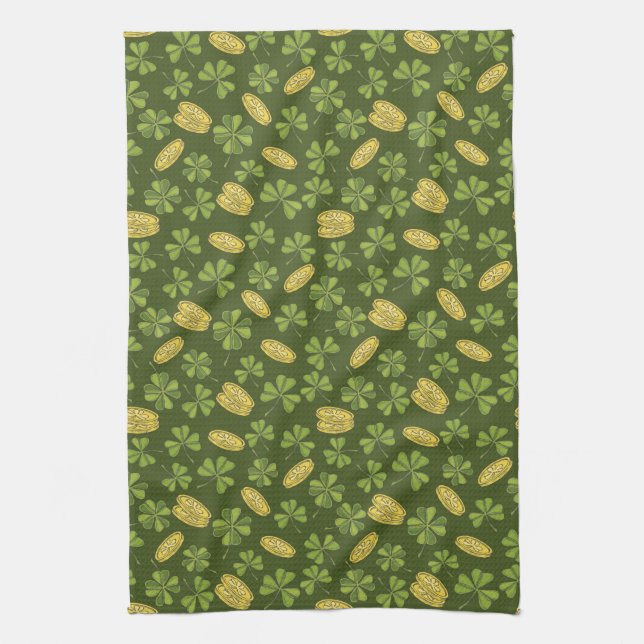 Clover Leaf & Gold Coin Pattern Tea Towel (Vertical)