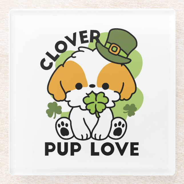 Clover Pup Love – St. Patrick's Day Dog Design Glass Coaster (Front)