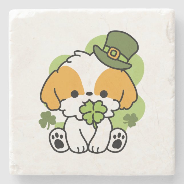 Clover Pup Love – St. Patrick's Day Dog Design Stone Coaster (Front)