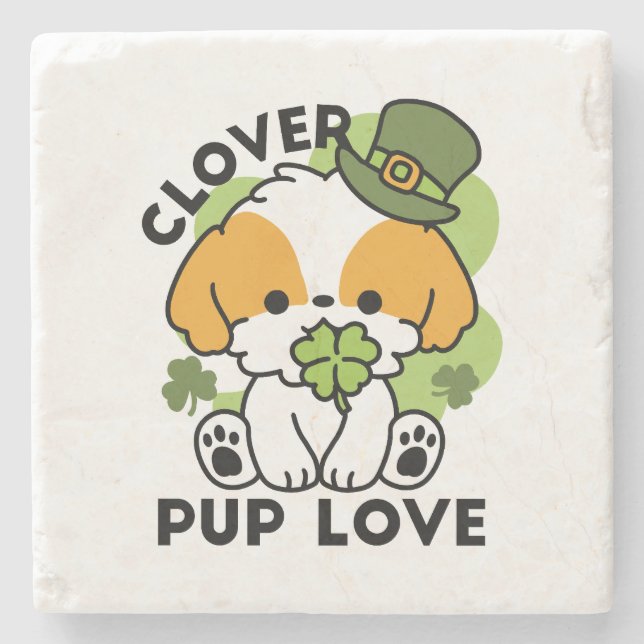 Clover Pup Love – St. Patrick's Day Dog Design Stone Coaster (Front)