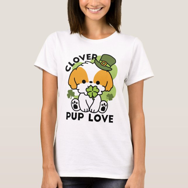 Clover Pup Love – St. Patrick's Day Dog Design T-Shirt (Front)