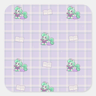 Clover Reading Unicorn Lavender Plaid Pattern Square Sticker