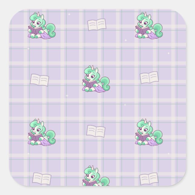 Clover Reading Unicorn Lavender Plaid Pattern Square Sticker (Front)