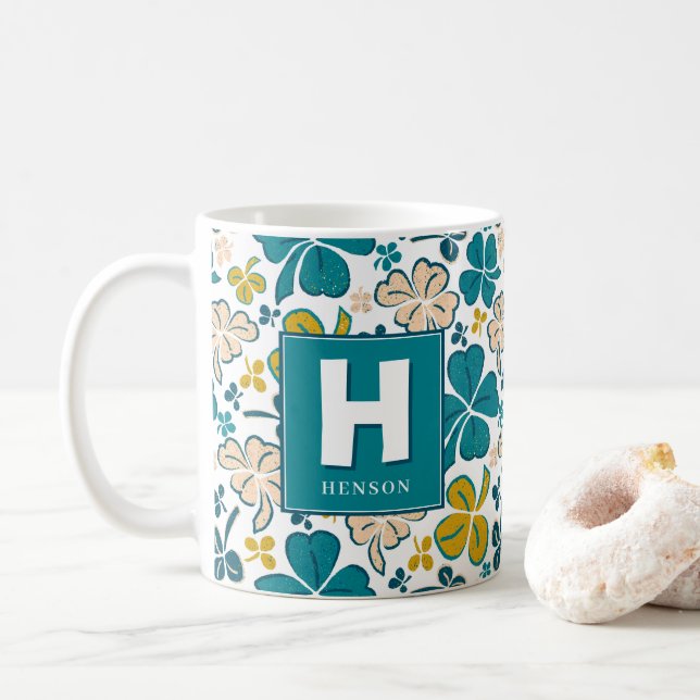 Clover Shamrock Monogrammed St. Patrick`s Day Coffee Mug (With Donut)