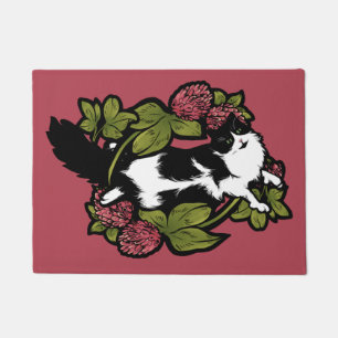 Clover Tuxedo Cat Floral Cats Doormat