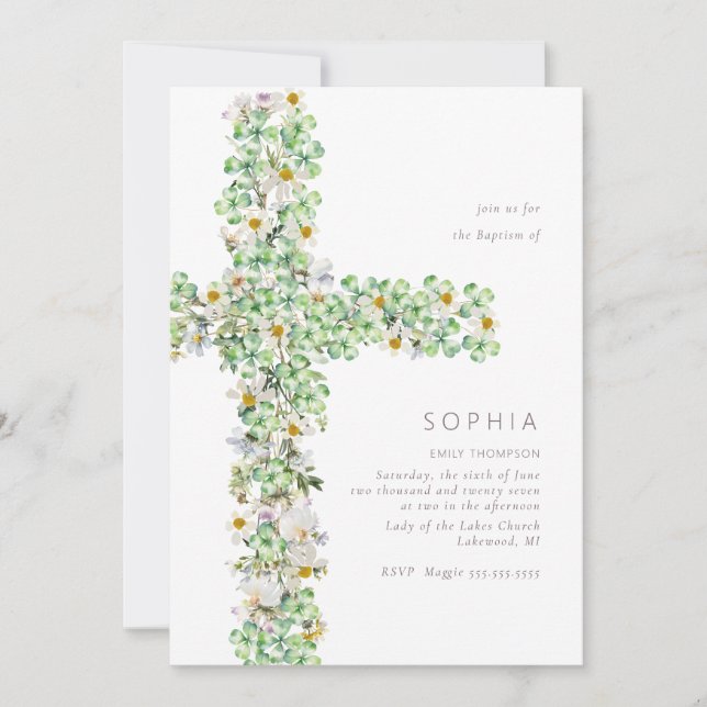 Clover wildflower cross the Baptism Christening Invitation (Front)