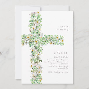 Clover wildflower cross the Baptism Christening Invitation